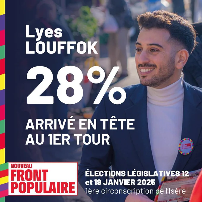 Lyes LOUFFOK 28% arrivé en tête au 1er tour

Visuel d'annonce des résultats du premier tour des élections législatives partielles en Isère