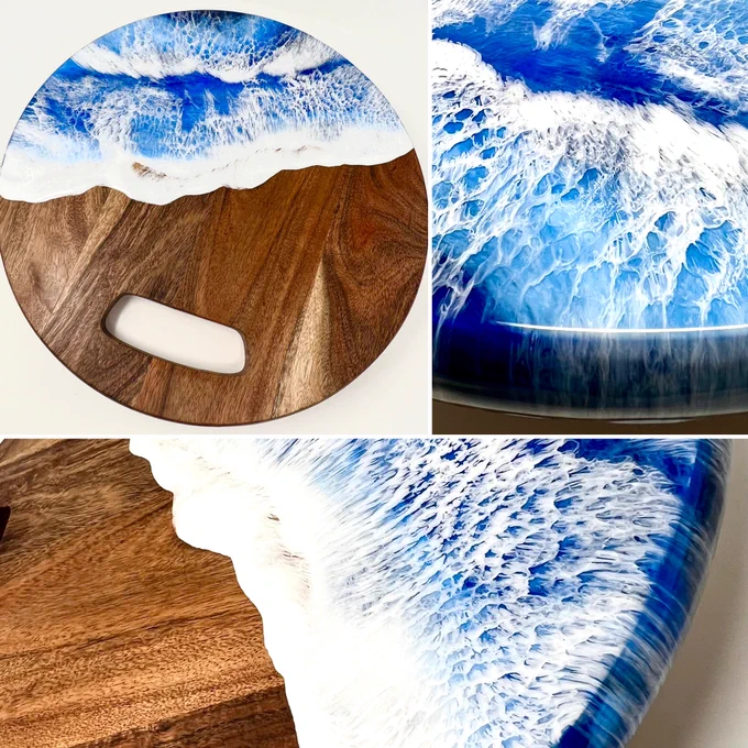 Large Round Ocean Waves Charcuterie Board.

Acacia Wood and Certified food safe round epoxy resin Charcuterie Board . 15 inches round and 1 inch thick with built in handle.

Ocean waves design.

Materials used are professional quality, certified food safe epoxy resin (see info below), non toxic tints, food safe sealant.

Embellished area is under painted to give a deeper richer look.

This item has 2 layers of resin applied.

The only epoxy resin we use on all our products is Artresin Brand. Artresin is certified food safe, UV protected, easy to clean, strong and shines like glass.