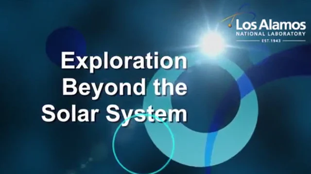 Logo of Los Alamos National Laboratory with text 'Exploration Beyond the Solar System' on a dark blue background with abstract blue circles.