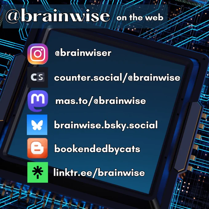 Graphic with a list of icons and URLs for other platforms where I (brainwise) have an account. URLs are spelled out in the tweet (er, post, or whatever).  Version VI has updated info for Counter Social.