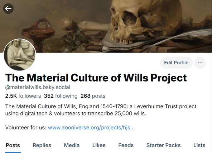 A screenshot of 'The Material Culture of Wills Project' profile page on Bluesky 