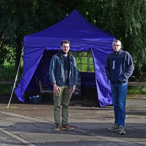 Paul Sweeney and Peter Krykant at the first basic overdose prevention site, near Glasgow Green. It was next to a location covered in discarded needles and filth.
