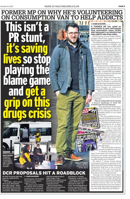 An interview in the Daily Record when Paul Sweeney volunteered on the UK's first unofficial overdose prevention pilot in 2020.