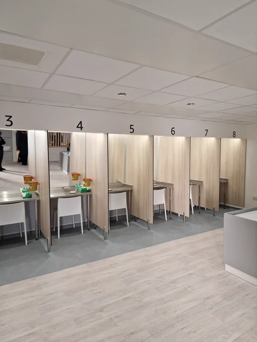 A view of the 8 sterile injection booths in the new Thistle overdose prevention centre in Hunter Street.