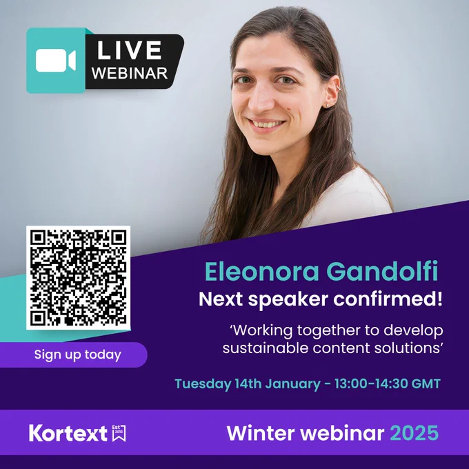 Image features a photo of Eleonora Gandolfi, a white woman with long dark hair, against a grey background. The text announces Eleonora as a speaker at Kortext's winter webinar on Tuesday 14 January 2025. 