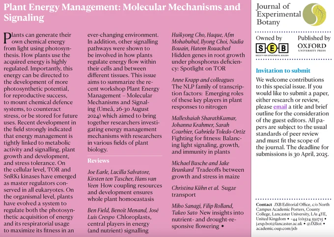 Rear side of a postcard to advertise a special issue of the Journal of Experimental Botany titled "Plant Energy Management: Molecular Mechanisms and Signaling". This side outlines the expected reviews and gives the submission deadline (30th April 2025).