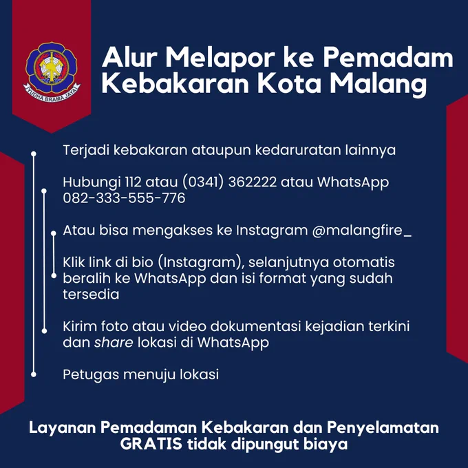 Informasi mengenai cara menghubungi Pemadam Kebakaran dan Penyelamatan Kota Malang. Jika terjadi kebakaran atau kegawatdaruratan hubungi atau telepon nomor 112. Tetap tenang dan berikan informasi yang dibutuhkan oleh petugas. Pelayanan Pemadam Kebakaran dan Penyelamatan gratis tanpa dipungut biaya.