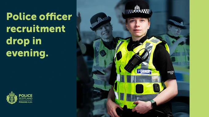 Graphic featuring a female police officer smiling facing the camera, with photos in the background of the officer chatting to a member of the public. Text on the graphic reads: Police officer recruitment drop in evening.