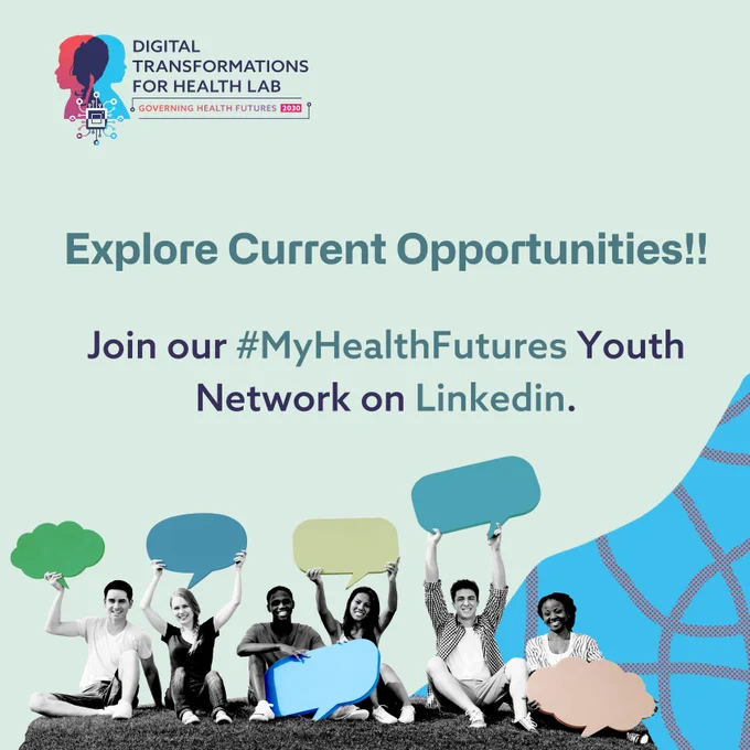 Banner announcing DTH-Lab My Health Futures Youth Network on LinkedIn, featuring vibrant graphics, inviting young people to join and engage in discussions about digital health transformations.
