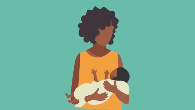 Graphic of a mom holding a newborn baby. 