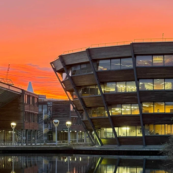 Exterior of Djanogly LRC at sunset