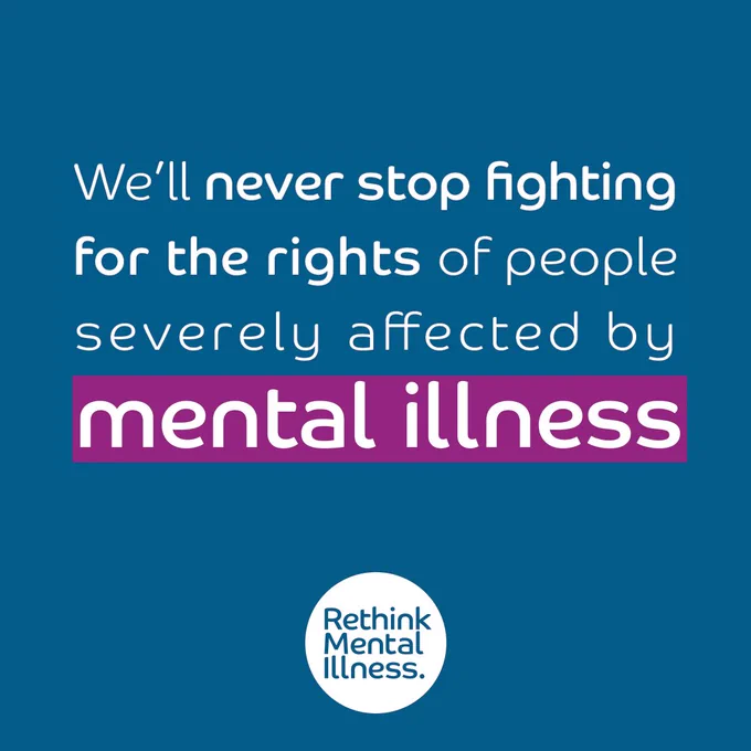 Promotional image for Rethink Mental Illness featuring the text "We’ll never stop fighting for the rights of people severely affected by mental illness" on a navy blue background.