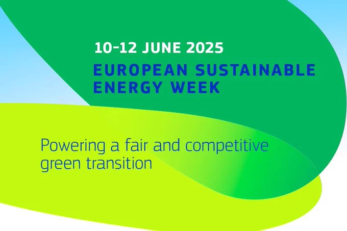 10-12 June 2025 European Sustainable Energy Week - powering a fair and competitive green transition. 
Visual identity in green - yellow - blue.