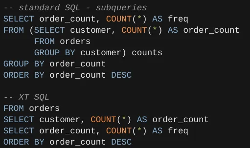 Standard SELECT-first SQL vs. XTDB pipeline friendly SQL