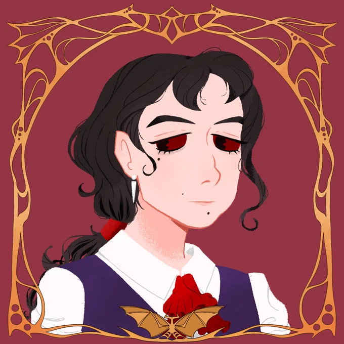 A young man with long curly black hair partially pulled back by a red tie looks to the side tiredly. His red eyes lack white sclera and have thin bags below them. Their slightly pointed ear is adorned by a long pointed earring. He is wearing a purple vest, a white shirt, and a red cravat. The background is a solid berry red. Around the illustration is a gold art nouveau style frame that features a bat wing motif.