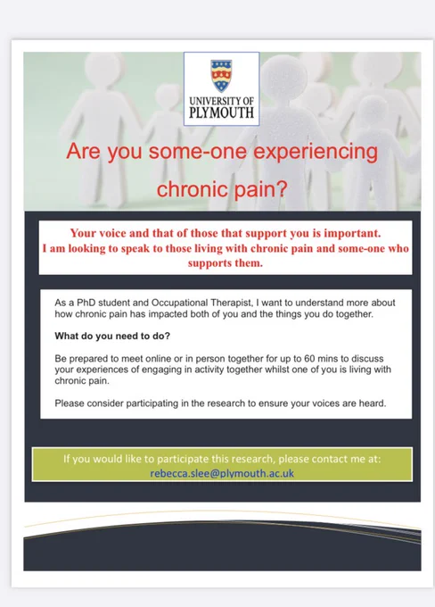 Image of people and details of a study. A request for research participants, those that live with chronic pain and someone who supports them. Please contact Rebecca.slee@plymouth.ac.uk