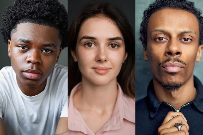A photo showing three headshots of performers adopting neutral expressions 