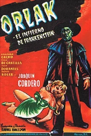 On the right, an original poster for the 1960 film, bright red background with a drawing of a Frankenstein creature dressed in a Mexican hat and cape, dragging an unwilling, buxom female victim.