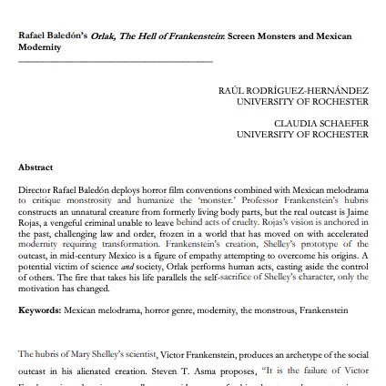 On the left, a screenshot of the article "Rafael Baledón's Orlak, The Hell of Frankenstein: Screen Monsters and Mexican Modernity," in plain text. 