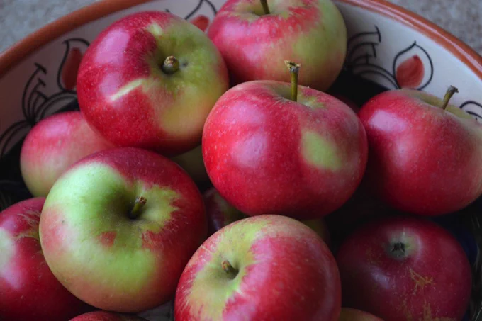 Shiny red and green apples in a painted pottery bowl
