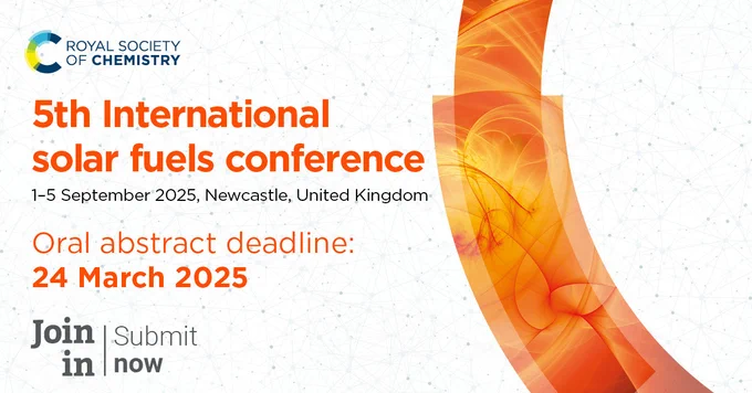 Advertisement for the 5th International Solar Fuels Conference, held by the Royal Society of Chemistry from September 1-5, 2025 in Newcastle, United Kingdom. Features an orange swirling graphic on a grid background, with details about abstract submission deadline on March 24, 2025.