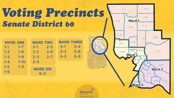 A map of Senate District 60, spanning from the Columbia Heights neighborhood to the University of Minnesota Campus and the Cedar Riverside neighborhood.