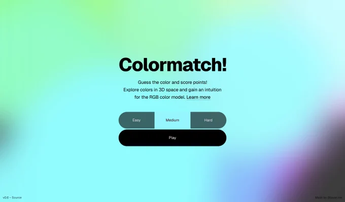 Screenshot of Colormatch! intro screen, showing three options for difficulty, a short description of the game, atop a blurred colorful gradient (where colors are moving behind the blur IRL).