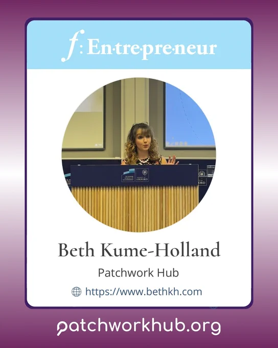 Dark pink to white gradient background background with a tile of Beth’s profile and a photo of her delivering Oxford’s Disability Lecture. The text reads ’Beth Kume-Holland. Patchwork Hub. bethkh.com against a dark purple border’.