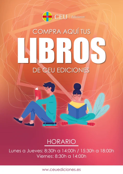 ¿Conoces nuestro horario?
Lunes a Jueves: 8:30h a 14:00h / 15:30h a 18:00h
Viernes: 8:30h a 14:00h

Calle Julián Romea, 18 (bajo)
www.ceuediciones.es