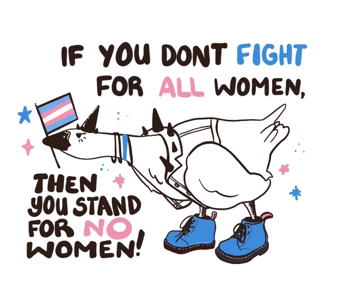 Digital illustration of a punk looking goose holding a trans flag in their beak. Text reads, ‘if you don’t fight for all women, then you stand for NO women.’