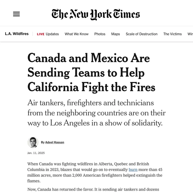 A screenshot of a New York Times article which reads “Canada and Mexico Are Sending Teams to Help California Fight the Fires"