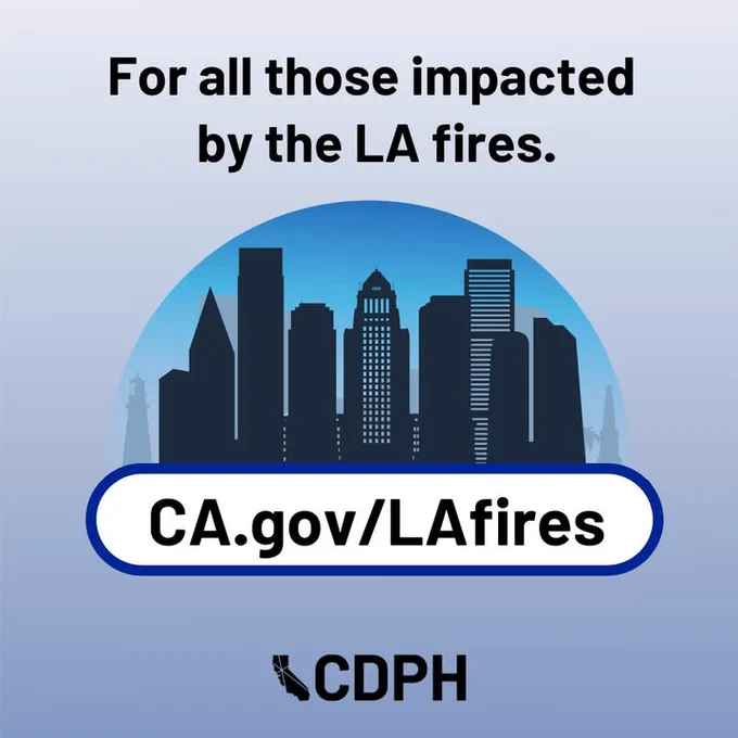 A blue gradient background with a city landscape pictured behind a blue circle. "For all those impacted by the LA fires. CA.gov/LAfires"