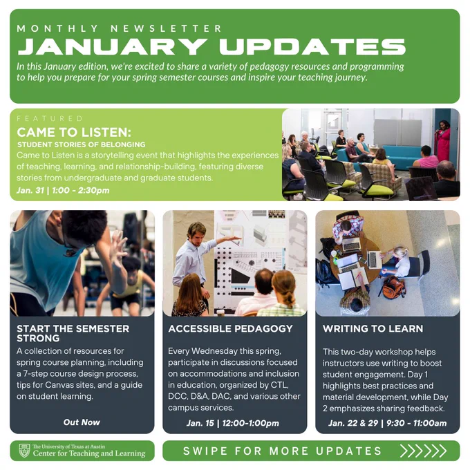 January Updates - Monthly Newsletter
Exciting pedagogy resources and programming to kickstart your spring semester teaching journey.

Featured: Came to Listen - Student Stories of Belonging
A storytelling event featuring diverse student experiences in teaching and learning.
Date: Jan. 31 | Time: 1:00–2:30 PM

Start the Semester Strong
Explore resources for spring course planning, including a 7-step course design process, Canvas tips, and a student learning guide. Out Now

Accessible Pedagogy
Join weekly discussions on accommodations and inclusion in education, hosted by CTL and campus services.
Date: Jan. 15 | Time: 12:00–1:00 PM

Writing to Learn
A two-day workshop to use writing for student engagement:

Day 1: Best practices and material development
Day 2: Feedback techniques
Dates: Jan. 22 & 29 | Time: 9:30–11:00 AM
