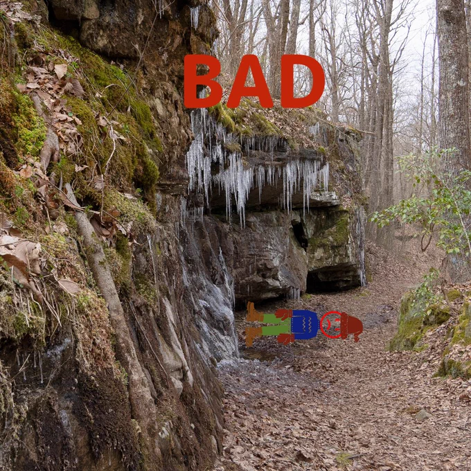 Stick figure laying down under pointy icicles. Labeled bad.