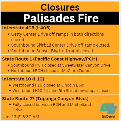 List of closures related to the Palisades Fire. 