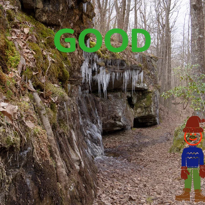 Stick figure admiring icicles from a safe distance. Labeled good.