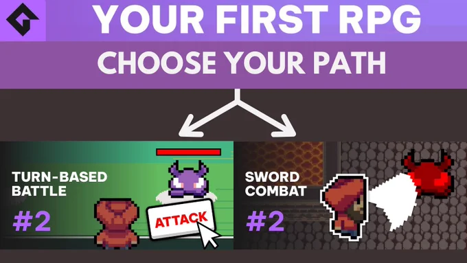 "YOUR FIRST RPG" and "CHOOSE YOUR PATH" are in white test on purple banners. A white arrow breaks off into two pointing at the covers for "TURN-BASED BATTLE" and "SWORD COMBAT" both show a player character fighting a purple monster one with a ATTACK button the other with a swishing sword. 