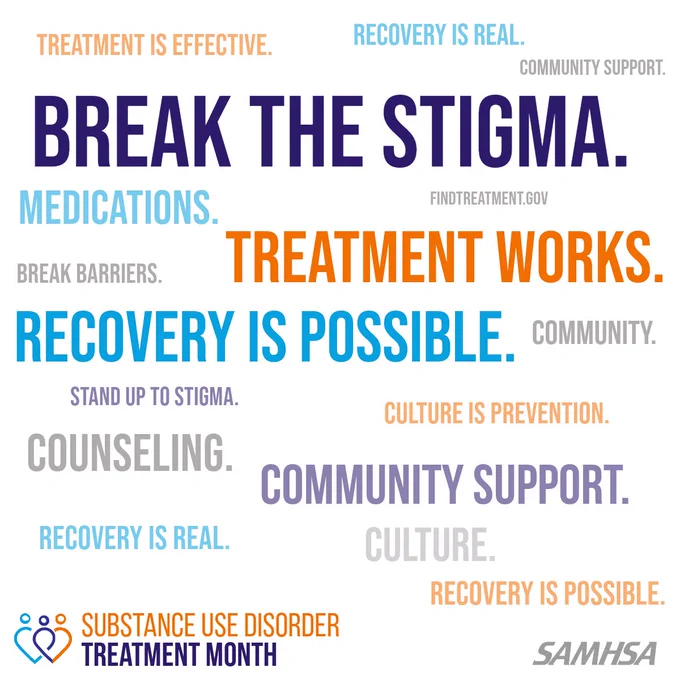 Various positive messages like "Recovery is real," "Treatment is effective," and "Recovery is possible." The graphic is organized in a grid format with blue and white text, emphasizing community support and the effectiveness of treatment. The website "findtreatment.samhsa.gov" is highlighted for resources.
