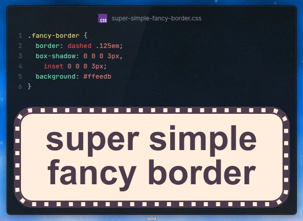 The code and the live result. A dashed border framed by inner and outer box-shadows, all on top of a background is all that's needed for the effect.