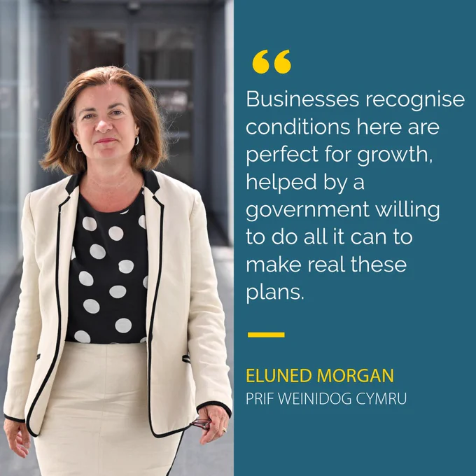 Quote card from the First Minister - an image of the First Minister with a quote "Businesses recognise conditions here are perfect for growth, helped by a government willing to do all it can to make real  these plans."