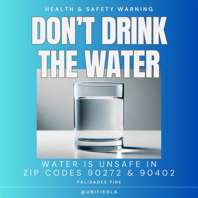 Blue background with glass of water and the words don't drink the water above and the words water is unsafe in zip codes 90272 & 90402 below