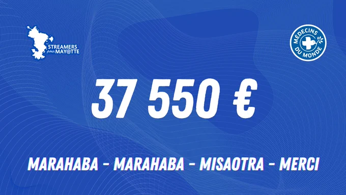 Le texte affiche le montant final de la cagnotte : trente sept mille cinq cent cinquante euros

 Au bas de la page, des remerciements sont affichés dans quatre langues parlées à Mayotte : 

En shimahorais : Marahaba
En anjouanais : Marahaba
En shibushi : Misaotra
En français : Merci 