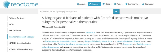 Reactome spotlight: https://reactome.org/content/reactome-research-spotlight/266-a-living-organoid-biobank-of-patients-with-crohn-s-disease-reveals-molecular-subtypes-for-personalized-therapeutics 
