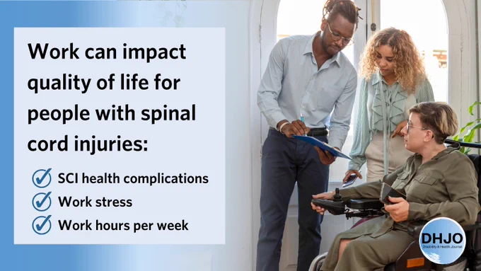 Work can impact quality of life for people with spinal cord injuries: SCI health complications; Work stress and Work hours per week. A group of co-workers reviews a document on a clipboard. One is in her wheelchair. Disability and Health Journal.