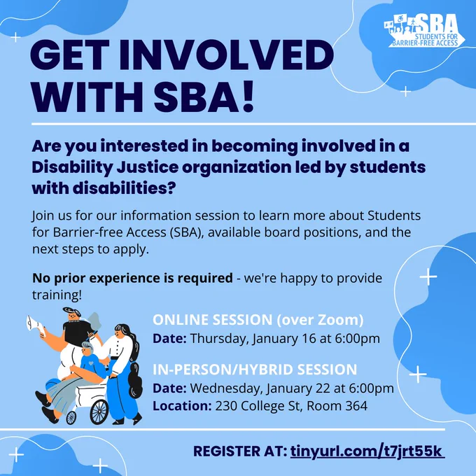 Graphic for SBA’s “Get Involved with SBA!” information sessions happening on January 16 (over Zoom) and January 22 (in-person/hybrid). Register at tinyurl.com/t7jrt55k