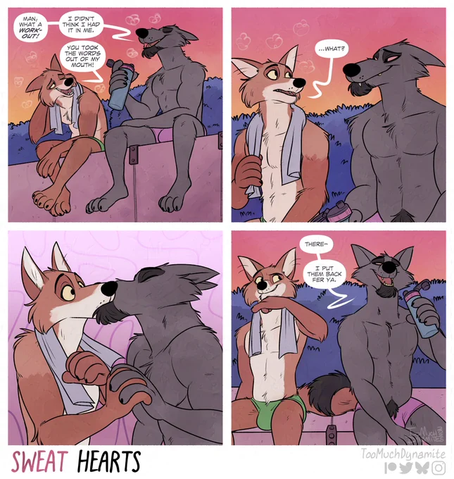 4-panel Sweat Hearts furry comic by me.

Panel 1: Huely and Gelle sitting together, catching their breath after an exhausting early-morning run together.

Gelle: Man, what a workout! I didn’t think I had it in me.”

Huely: “You took the words out of my mouth!”

Panel 2: Gelle smiles and stares at his fox. A brief silence comes between them.

“…What?” Huely asks, feeling a little awkward.

Panel 3: Gelle clasps hands with Huely unexpectedly. Pulling him in for a deep, passionate kiss.

Panel 4: “There—I put them back fer ya.” Gelle seems to be laughing at his own joke. Huely only wipes his mouth with his wrist, glaring at his Wolf with a cocky grin.