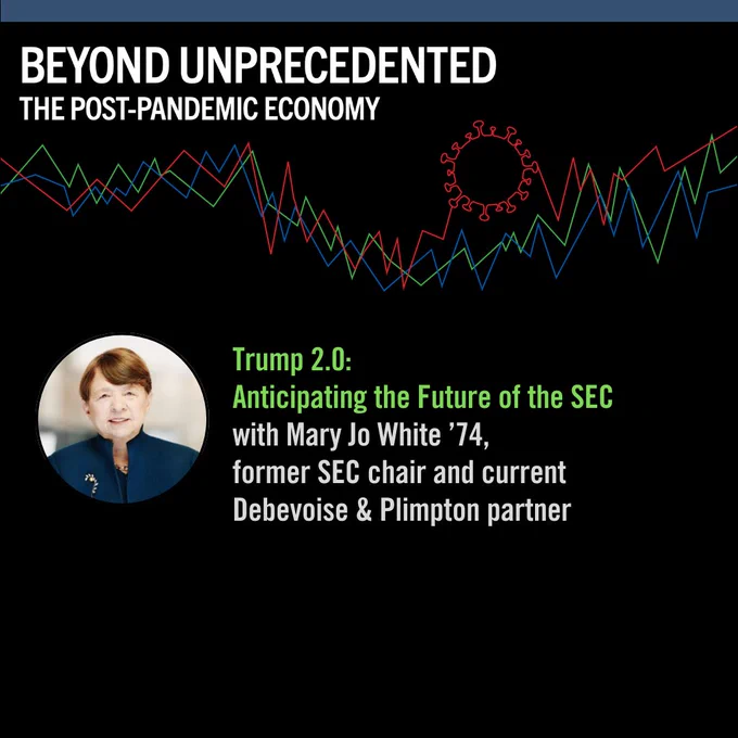 A graphic for the podcast, "Beyond Unprecedented: The Post-Pandemic Economy," featuring a graphic with red and green lines. Includes a headshot of Mary Jo White next to text that reads: Trump 2.0: Anticipating the Future of the SEC with Mary Jo White '74, former SEC chair and current Debevoise & Plimpton partner.