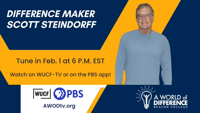 Headshot of Difference Maker Scott Steindorff on a dark blue and gold background. Watch on A World of Difference on Feb. 1 at 6 p.m. EST on PBS streaming or WUCF TV.