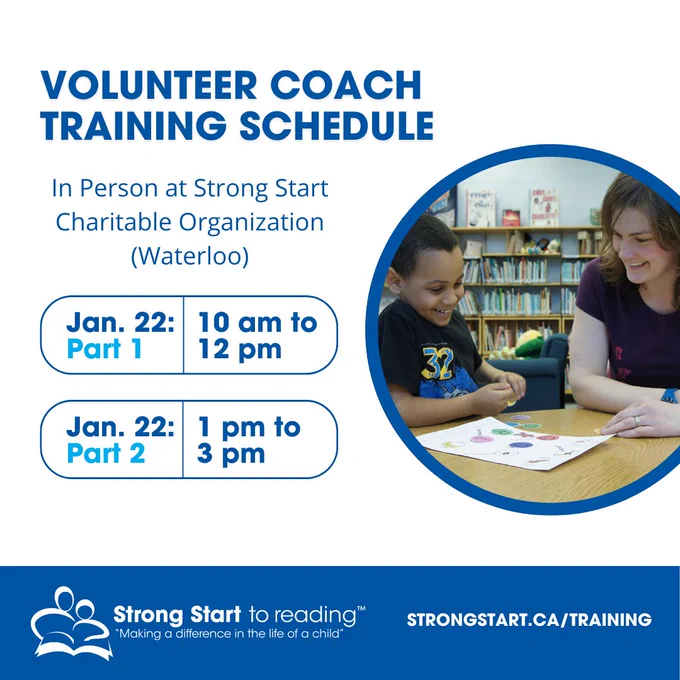 A graphic featuring details of in-person volunteer coach training for Strong Start on Jan. 22nd.