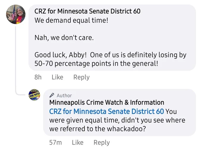 Excerpt from a Facebook post where CRZ is referred to as a "whackadoo" by "Minneapolis Crime Watch & Information"